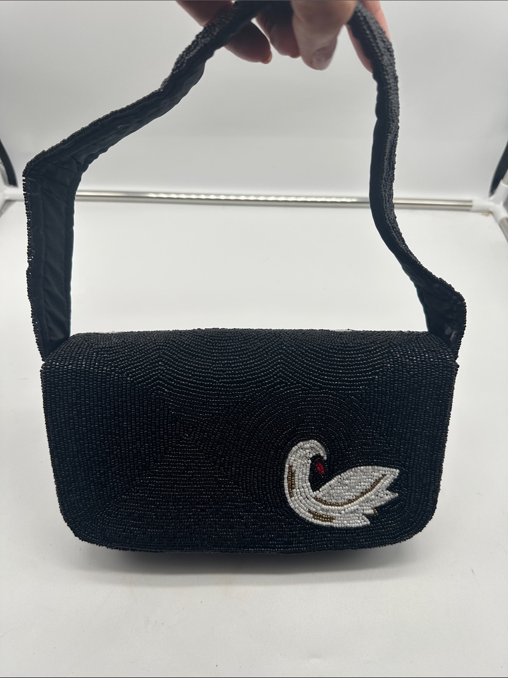 Black Beaded Swan-Pattern Shoulder Bag - Picture 3 of 5